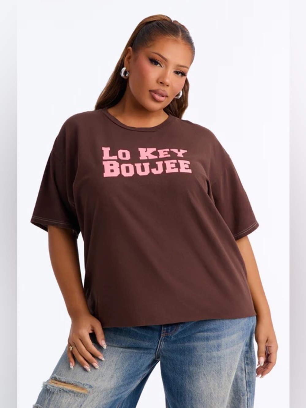 Lo Key Boujee Graphic Tee in Brown with Pink Print - Picture 3 of 3